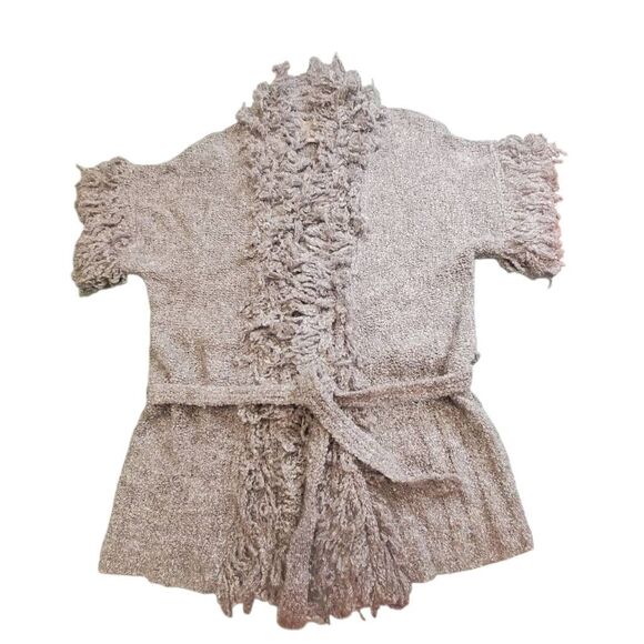 Vertical Design Women’s Gray Fringe Knit Cardigan Sweater Short Sleeve Open Fron - Picture 5 of 10